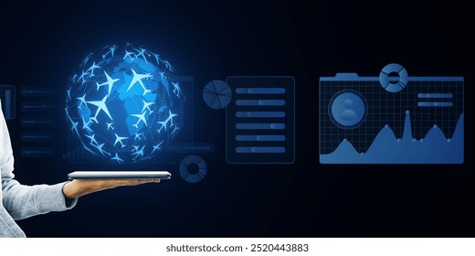 A hand holding a tablet displaying a digital flight booking interface with world map and airplane icons. Dark background, concept of online travel - Powered by Shutterstock