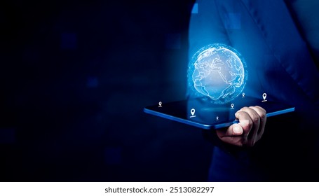 Businessman’s Hand Holding Tablet Displaying Virtual Globe Showcasing Global Data Transfer and Connection Technology for Seamless Data Exchange and Integration Across World Coordinates - Powered by Shutterstock