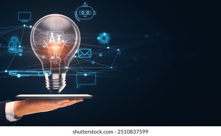 A hand holding a tablet with a glowing lightbulb labeled AI and digital icons on a dark background. Concept of AI technology and innovation - Powered by Shutterstock