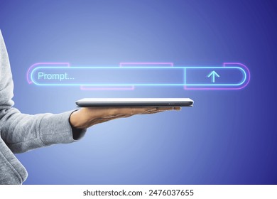 A hand holding a tablet with a glowing neon progress bar concept floating above it against a blue background - Powered by Shutterstock