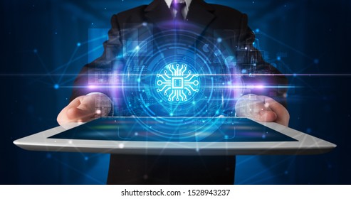 Hand holding tablet with online security and data protection concept - Shutterstock ID 1528943237