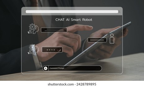 Hand holding tablet and using technology Global Internet connect Chat bot Chat with AI, Artificial Intelligence. using command prompt for generates something, Futuristic technology transformation.
