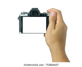 Hand Holding And Taking Shot With Blank Display Mirrorless Camera Isolated 