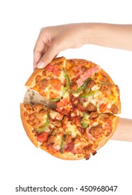 Hand Holding Tasty Flavorful Pizza Isolated On White Background