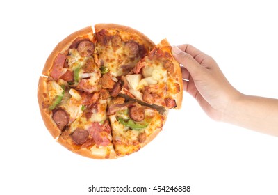 Hand Holding Tasty Flavorful Pizza Isolated On White Background