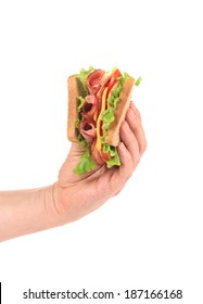 Hand Holding Tasty Sandwich. Isolated On A White Background.