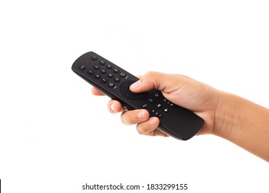 Hand Holding Television And Audio Remote Control Panel, Studio Shot Isolated On Over White Background, Television Wall Broadcasting Concept