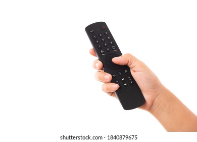 Hand Holding Television And Audio Remote Control Panel, Studio Shot Isolated On Over White Background, Television Wall Broadcasting Concept