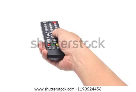 Hand holding television and audio remote control isolate on white background with clipping path
