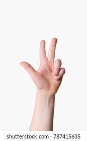 Hand Holding Up Three Fingers On A White Background 