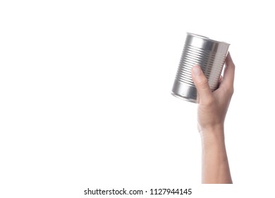 Hand Holding Tin Or Steel Can Made Of Aluminium For Food On White Background