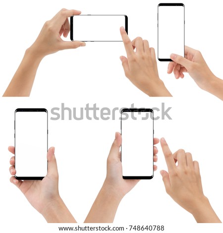 hand holding and touching phone mobile set isolated on white background