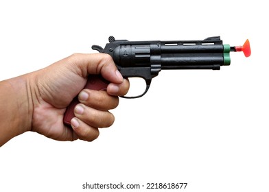 Hand Holding Toy Gun On White Background Selective Focus