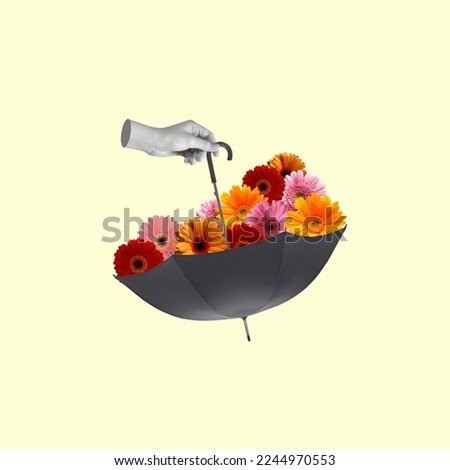 Hand holding an umbrella and rain from flowers. Contemporary art collage. Holidays and love concepts. Greeting card. Copy space for ad.
