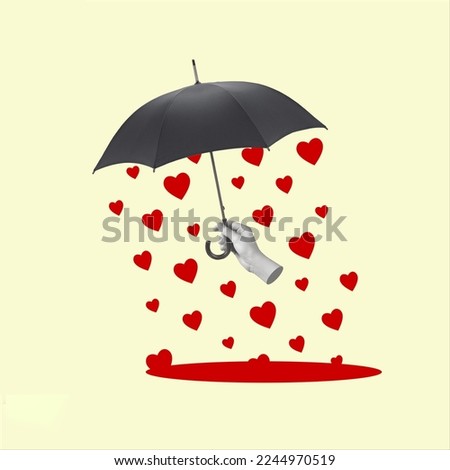 Hand holding an umbrella and rain from hearts. Contemporary art collage. Holidays and love concepts. Greeting card. Copy space for ad.
