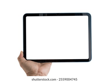 Hand holding using tablet pc with empty white screen isolated on white background. clipping path - Powered by Shutterstock