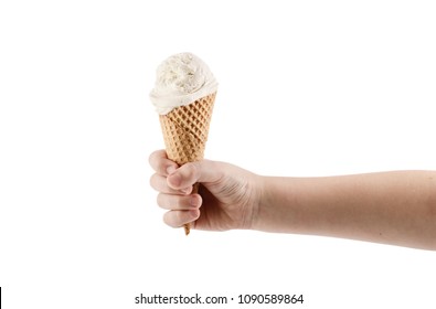 Hand Holding Vanilla Ice Cream With Cone Isolated On White Background