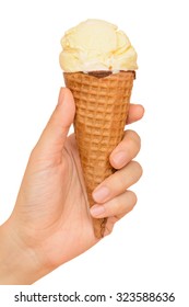 Hand Holding Vanilla Ice Cream Cone Isolated On White Background