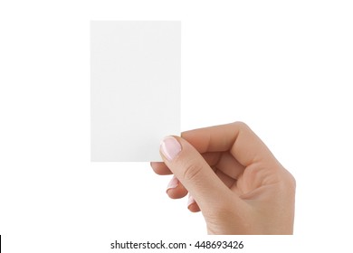 Hand Holding Vertical Business Card Isolated At White Background.