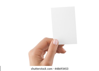 Hand Holding Vertical Business Card Isolated At White Background.