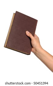 Hand Holding Vintage Book Isolated Over White Background