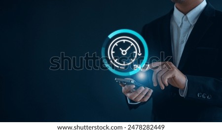  hand holding virtual 24-7 with clock on hand for worldwide nonstop and full-time available contact of service concept. customer service, nonstop service concept. 