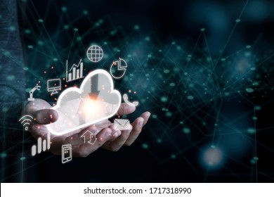 Hand Holding Virtual Artificial Intelligence With Cloud Technology Transformation And Internet Of Thing .  Cloud Technology Management Big Data Include Business Strategy , Customer Service.