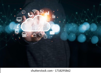 Hand Holding Virtual Artificial Intelligence With Cloud Technology Transformation And Internet Of Thing .  Cloud Technology Management Big Data Include Business Strategy , Customer Service.