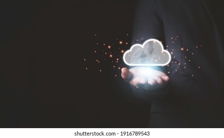 Hand Holding To Virtual Artificial Intelligence With Cloud Computing Technology Transformation And Internet Of Thing. Cloud Technology Management Big Data Include Business Strategy , Customer Service.