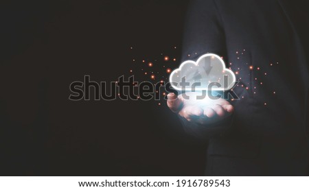 Hand holding to virtual artificial intelligence with cloud computing technology transformation and internet of thing. Cloud technology management big data include business strategy , customer service.