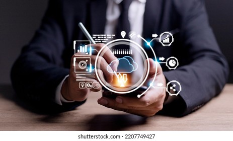 Hand holding virtual cloud computing with world and technology item such as upload download. Cloud technology management big data include business strategy , customer.