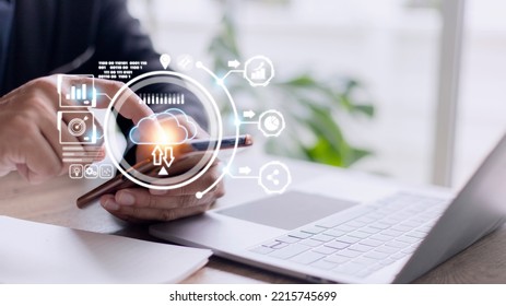 Hand holding virtual cloud computing with world and technology item such as upload download. Cloud technology management big data include business strategy , customer.