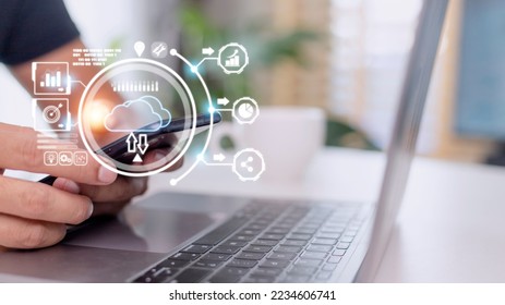 Hand holding virtual cloud computing with world and technology item such as upload download. Cloud technology management big data include business strategy , customer.
