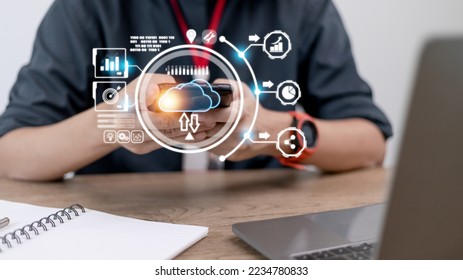 Hand holding virtual cloud computing with world and technology item such as upload download. Cloud technology management big data include business strategy , customer.