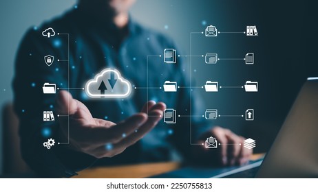 Hand holding virtual cloud computing with Global Internet connection. Business global internet connection application technology and access information, database, storage, Digital link tech, big data.