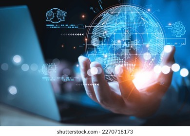 Hand holding virtual Global Internet connection with A.I. Artificial Intelligence. Business global internet connection application technology, Digital link tech, big data. Future concept.