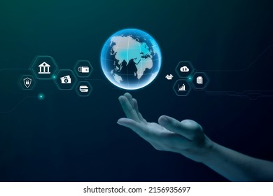 Hand holding virtual screen to do online transactions with internet technology, concept of global data connection by internet technology, big data, searching for information, online marketing