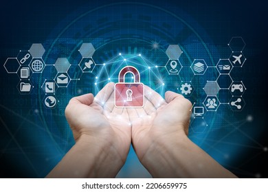 hand holding with virtual screen padlock and cloud computing and Interface Icons global network Cyber Security Data Protection Business Technology Privacy concept, Internet cloud computing concept	 - Shutterstock ID 2206659975
