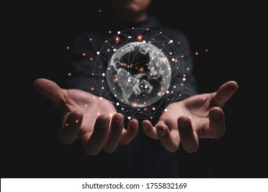Hand holding virtual world with connection network. Global data information and technology exchange.