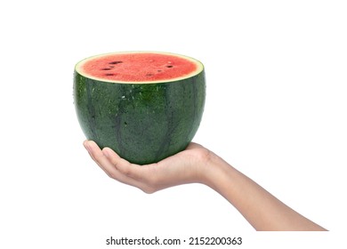 Hand holding watermelon isolated on white background.