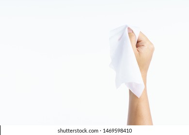 Hand Holding Wet Wipes Tissue On White Background