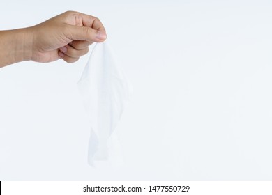 Hand Holding Wet Wipes Tissue On White Background