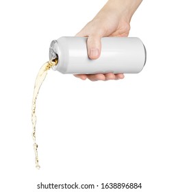 Hand Holding White Aluminium Can, Pouring Beer Or Soda, Isolated On White Background