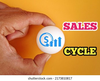 Hand Holding White Ball With Icon And Text Sales Cycle. Photo Concept. 