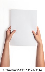 Hand Holding White Blank Paper Sheet Mockup, Isolated. Arm Hold Clear Brochure Template Mock Up. Simple Pure Print Display Show.