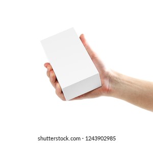 Hand Holding White Box. Close Up. Isolated On White Background