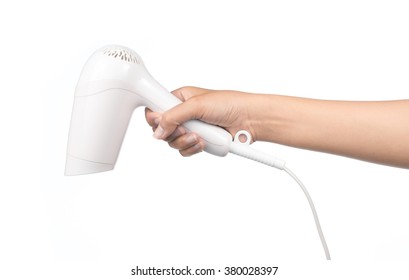 Hand Holding White Hair Dryer Isolated On White Background