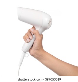 Hand Holding White Hair Dryer Isolated On White Background