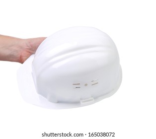 Hand Holding White Hard Hat. Isolated On White Background.