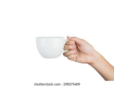 Hand Holding White Mug Isolated On White Background